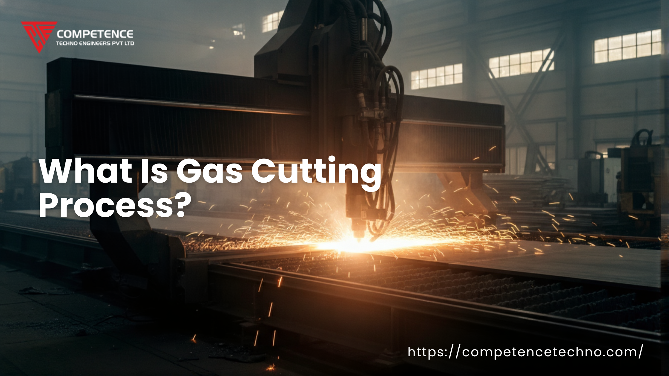 Industrial scene of a gas cutting process, showing bright sparks flying from metal being cut by a large machine. The atmosphere is intense and dynamic.