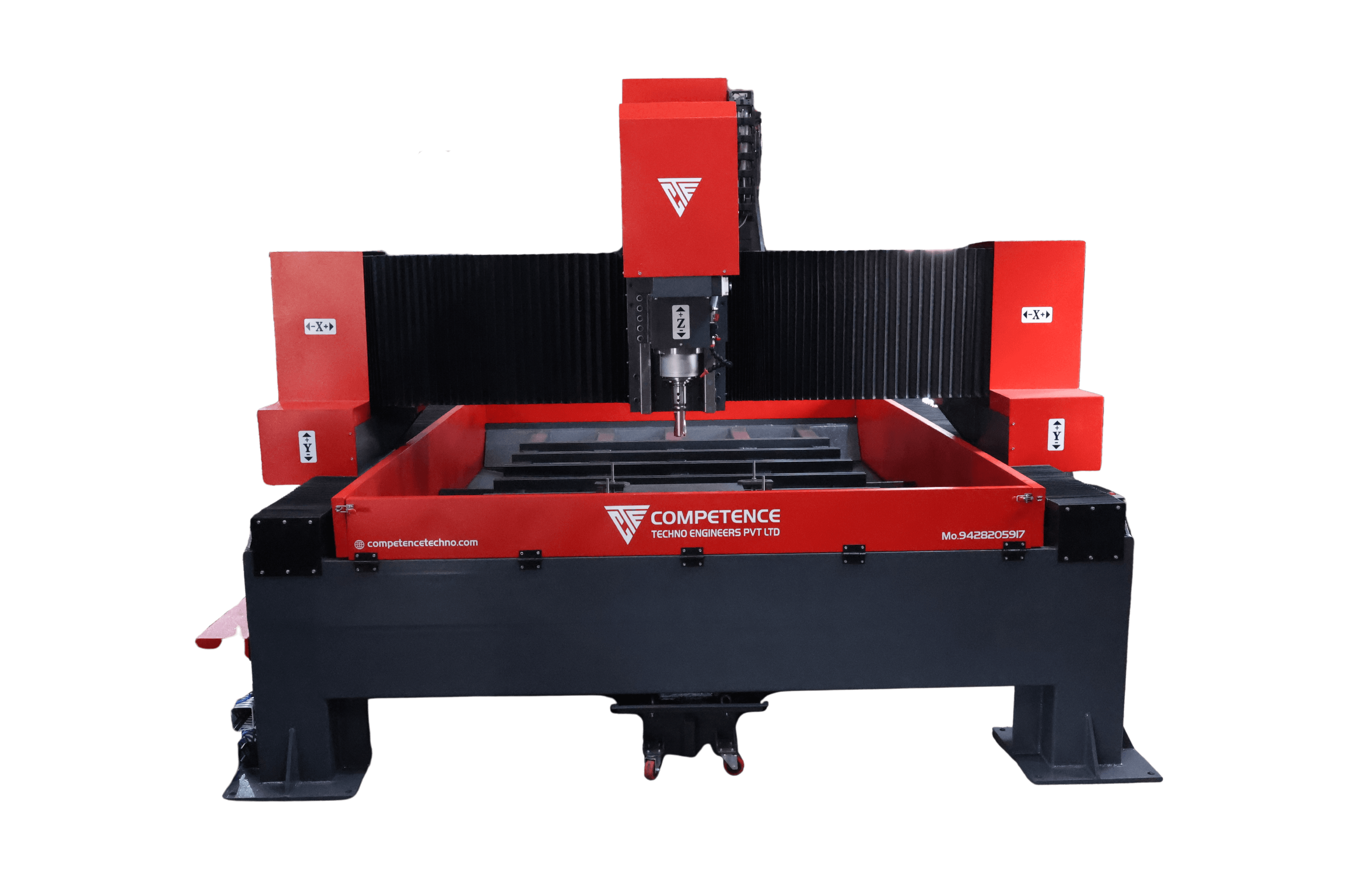 A red and black industrial CNC machine displayed against a black background. The machine is labeled with "Competence Techno Engineers Pvt Ltd."