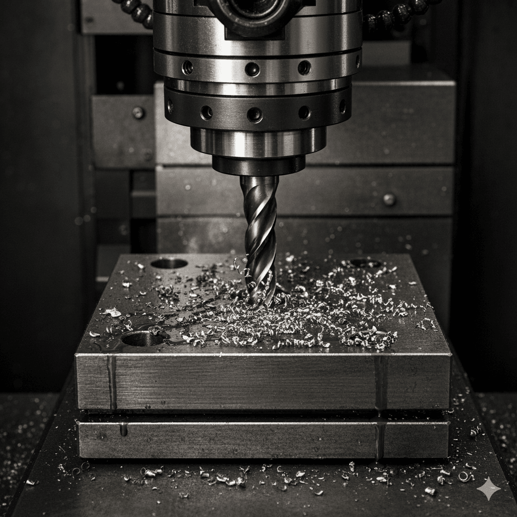 A close-up of a CNC machine operating on a metal block. The drill head is positioned above a precise hole, with metal shavings scattered around, conveying industrial precision.