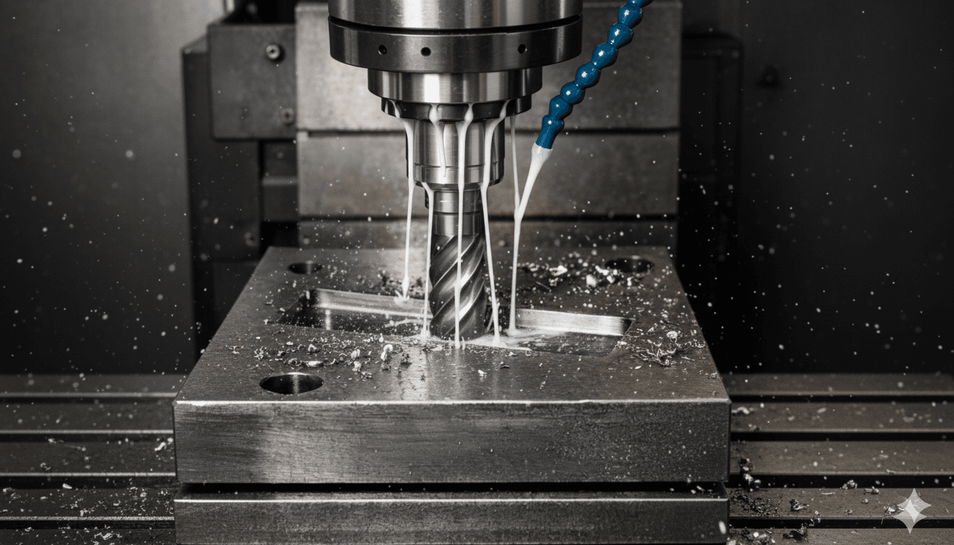A close-up of a CNC machine drilling into a metal block, with metal shavings and coolant liquid visible. The scene conveys precision and industrial efficiency.