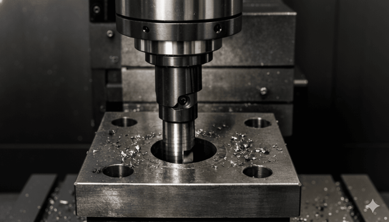 A CNC machine drills into a metal block, surrounded by metal shavings. The image conveys precision and industrial efficiency in manufacturing.