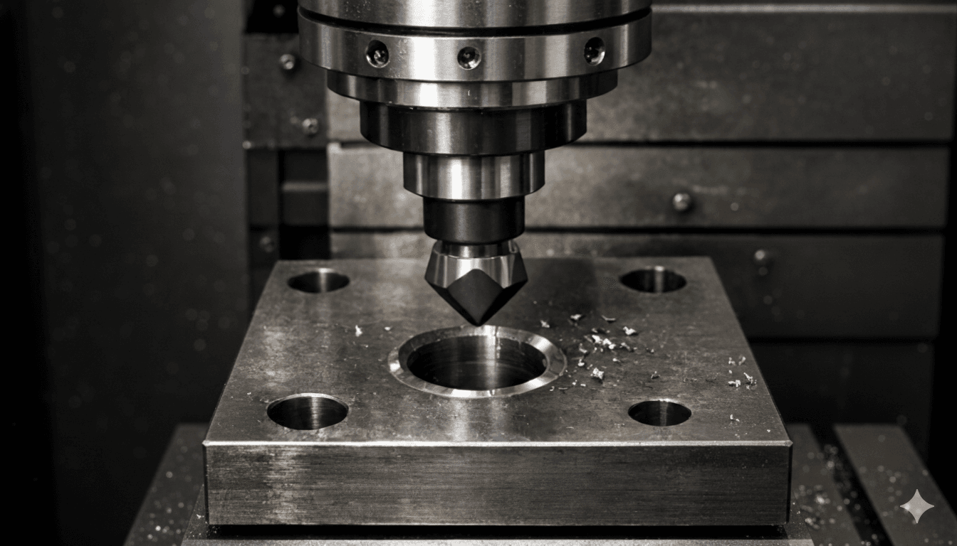 A CNC machine with a metal drill bit hovers over a square metal plate with a circular hole. Metal shavings are scattered, conveying precision and industry.